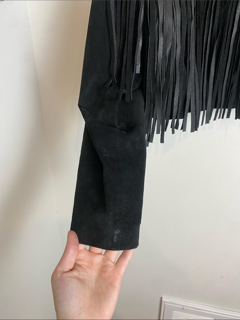 Vintage Cedars Black Fringe Suede Leather Cropped Cowgirl Collared Coat Size M - Picture 6 of 7